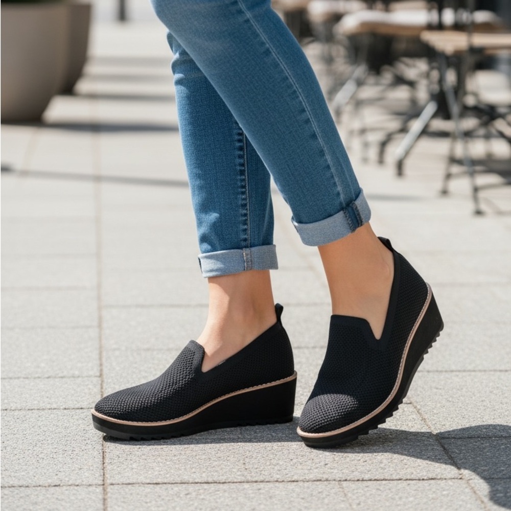 Eileen Fisher Ergos Black Recycled Stretch Knit Wedge Platform Loafers - 8